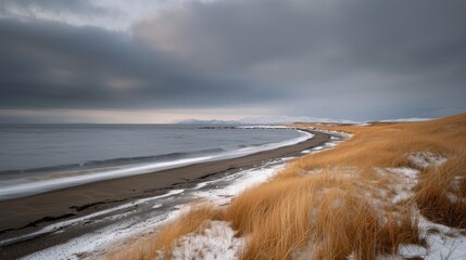 Wall Mural - Winter Landscape of Black Sand Beach and Snow-Covered Cliffs in Iceland