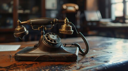 A vintage rotary phone sits on a wooden desk in a dimly lit room.  The phone's black finish and intricate details are beautifully preserved.