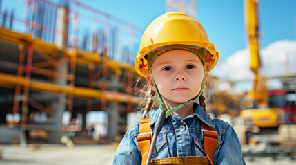 A young child dressed as a builder, wearing a hard hat and tool belt, standing at a construction site. 