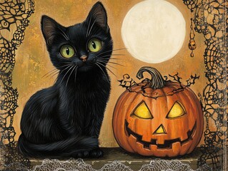 Canvas Print - Vintage Black Cat and Pumpkin