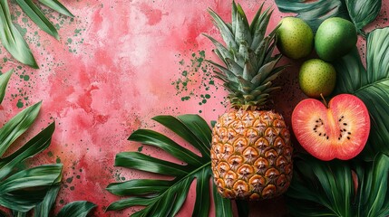 Poster - A vibrant display features a pineapple, green apples, and a sliced red fruit among lush green leaves against a bright pink backdrop