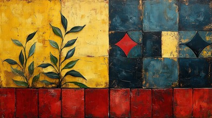 Fototapete - Abstract composition showcases bold colors with geometric shapes and stylized leaves, creating a lively visual experience