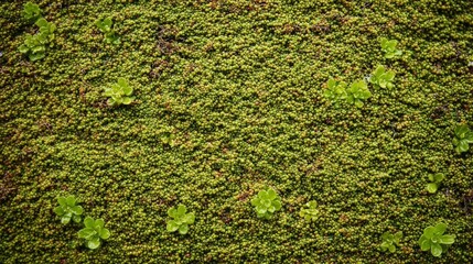 Poster - Lush green moss intertwined with small plants creates a vibrant carpet on the forest floor under bright daylight conditions