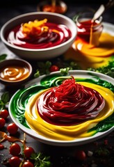 Wall Mural - artfully swirled sauces create stunning visuals pristine white plate showcasing culinary creativity, dish, food, design, presentation, gourmet, color