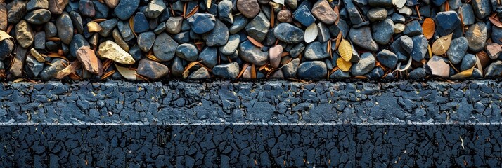 Aufkleber - A pathway showcases a striking contrast between smooth concrete and vibrant pebbled stones, adorned with fallen autumn leaves