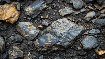 Poster - Rugged rocks and minerals are scattered across dark soil, illuminated by soft morning light, revealing textures and colors in this natural setting