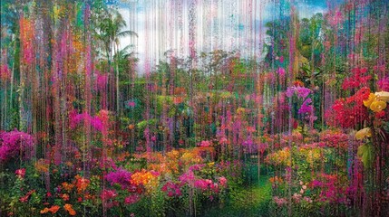 Poster - A lush garden bursting with various blooming flowers, creating a vibrant display of colors surrounded by greenery and a cloudy sky