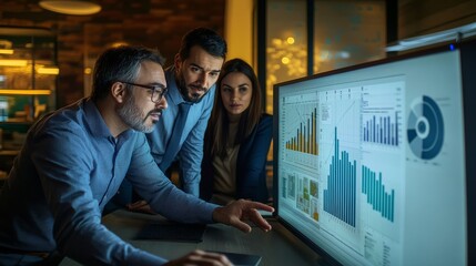 Wall Mural - A diverse team reviews performance data on a large screen, discussing strategies and insights in a contemporary office setting during the evening