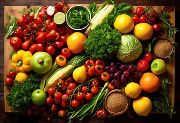 Wall Mural - vibrant eye view fresh ingredients arrangement showcasing colorful herbs culinary inspiration, vegetables, fruits, food, display, design, layout, organic