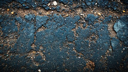 Poster - A close-up view of a weathered asphalt surface displaying various cracks and textures highlighting the effects of wear over time