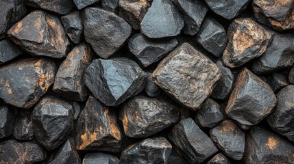 Aufkleber - Rough, dark stones of varying sizes are tightly packed together, showcasing their natural textures and colors against a contrasting background