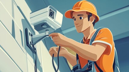 Technician Installing Wireless CCTV Camera Illustration