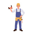 © Iryna Petrenko - Young man cartoon character builder or repairman wearing uniform holding work tool isolated on white