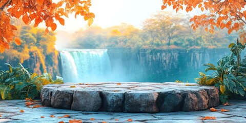 Poster - Stone Platform with Waterfall and Autumn Foliage Background