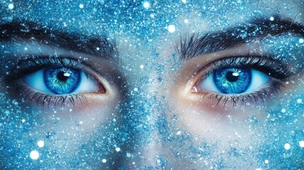 Poster - A close-up displays captivating blue eyes enhanced by frost and shimmering particles, evoking a winter wonderland atmosphere