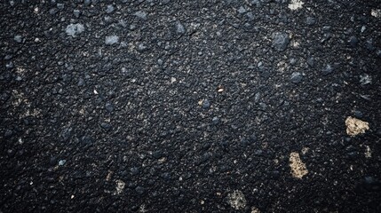 Poster - A textured black asphalt road surface reveals fragments of stone and natural materials under bright daylight conditions
