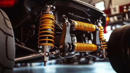 Aufkleber - The suspension system features yellow coil springs and high-performance components, showcasing precision engineering in a custom sports car garage.