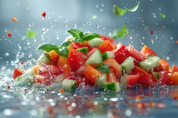 Wall Mural - Fresh Tomato, Cucumber, and Basil Salad with Splashing Water