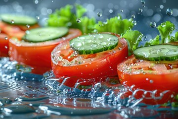 Wall Mural - Fresh Tomato and Cucumber Slices Splashing in Water