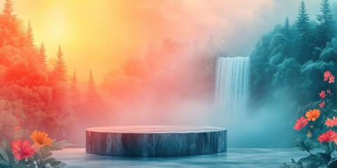 Canvas Print - Stone Podium in Front of a Waterfall and Misty Forest