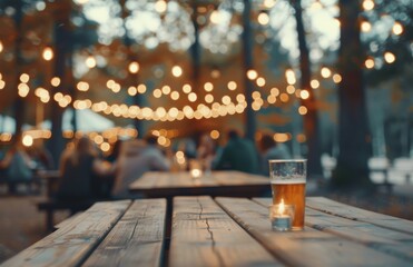 Poster - Evening Gathering at a Forest Beer Garden With Warm Lights and Refreshing Drinks