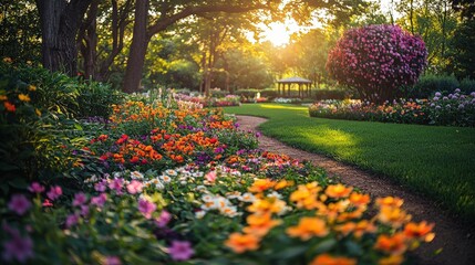 Poster - A vibrant pathway winds through numerous colorful flowers, illuminated by the warm glow of sunset in a serene garden setting