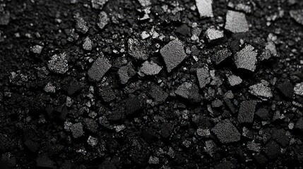 Aufkleber - Crushed black rock particles are scattered across a flat surface, showcasing their texture and varying sizes under ambient lighting