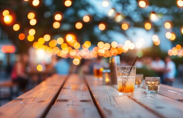 Poster - Evening Gathering at a Forest Beer Garden With Warm Lights and Refreshing Drinks