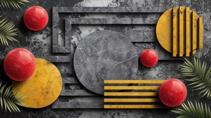 Leinwandbilder - An abstract arrangement of red spheres and yellow geometric shapes on a textured surface, highlighted by green foliage in the background