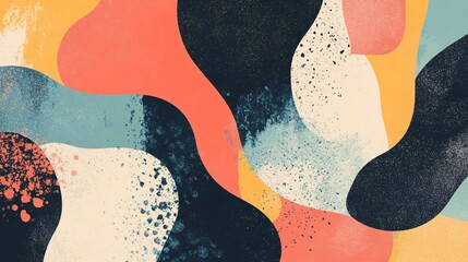 Retro color palette with large, abstract forms and grainy overlays