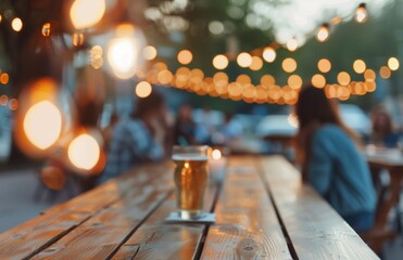 Poster - Evening Gathering at a Forest Beer Garden With Warm Lights and Refreshing Drinks