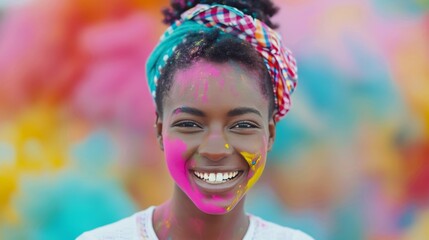 Wall Mural - Joyful Woman Smiling With Colorful Powder at Outdoor Festival During Daylight