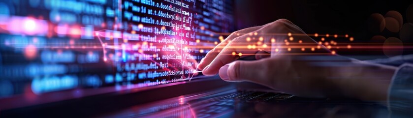 A close-up of a hand typing on a keyboard with vibrant data code in the background, symbolizing technology and innovation.