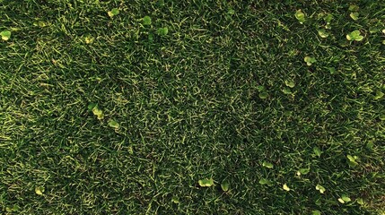 Poster - Vibrant green grass covers the ground, showcasing small clovers under bright sunlight in a peaceful outdoor area