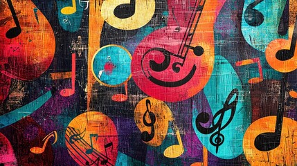 Aufkleber - Colorful and lively design of music notes on a textured background, creating an energetic and artistic expression of musical rhythm