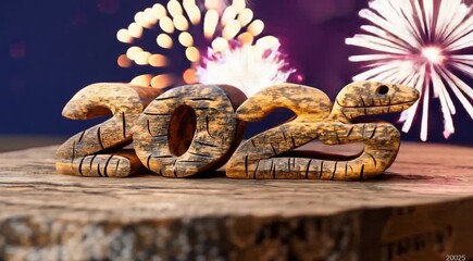 Wall Mural - Wooden sculpture of snake forming number 2025 rustic and artistic craftsmanship