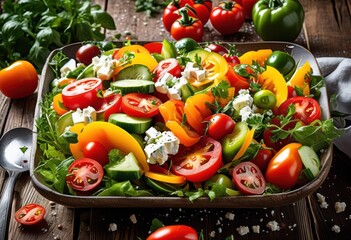 Wall Mural - stunning aerial view colorful fresh salad composition featuring vibrant toppings healthy meal, vegetables, greens, herbs, tomatoes, cucumbers, carrots, peppers