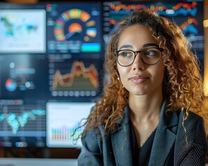 Poster - businessperson in a video conference call with multiple screens and charts displayed