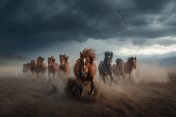 Wall Mural - A captivating image of a herd of horses galloping through a desert environment under a dramatic, stormy sky with dark clouds and distant mountains.