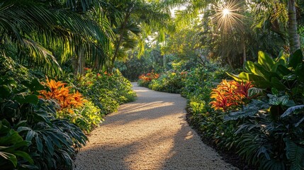 Poster - A winding pathway flanked by vibrant tropical foliage and blooming flowers illuminates with the warm glow of the morning sun