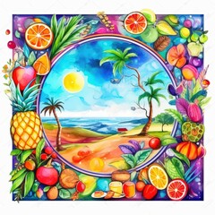 Poster - A bright tropical landscape features palm trees and ocean waves, framed by an array of colorful fruits and flowers under a radiant sun