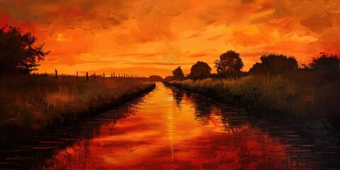 Wall Mural - sunset reflections tranquil canal scene with vibrant orange sky