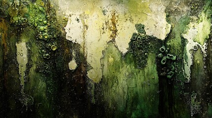 Poster - Layers of green and brown create an organic texture, showcasing bubbles and intricate patterns illuminated by soft natural light