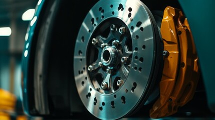 Poster - A detailed view of a high-performance brake system showcases the intricate design of the rotor and caliper in a professional automotive workshop setting.