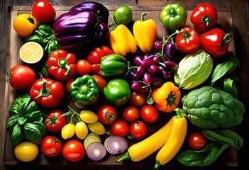 Wall Mural - vibrant eye view assorted fresh ingredients showcasing colorful array herbs wooden surface, fruits, vegetables, produce, assortment, texture, natural