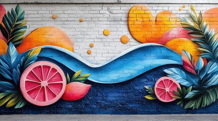 Poster - A colorful mural featuring fruits and flowing water brightens the urban landscape, showcasing creativity and artistry in the afternoon sunlight