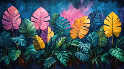 Leinwandbilder - Brightly colored tropical leaves create a lively atmosphere, contrasting against a vivid blue and pink backdrop in a creative artistic arrangement