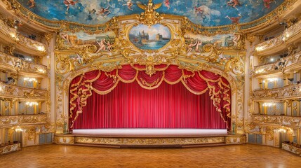 Aufkleber - The ornate theater showcases a grand stage with a rich red curtain, splendid ceiling artwork, and gold accents, ready for an exciting performance