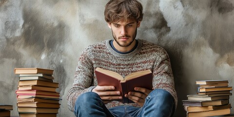 A young man sits on the floor between two stacks of books, reading a book. Reading and leisure concept.