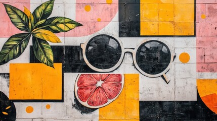 Poster - A colorful mural displaying sunglasses, tropical leaves, and fruit designs enhances the vibrancy of a city alleyway during daylight